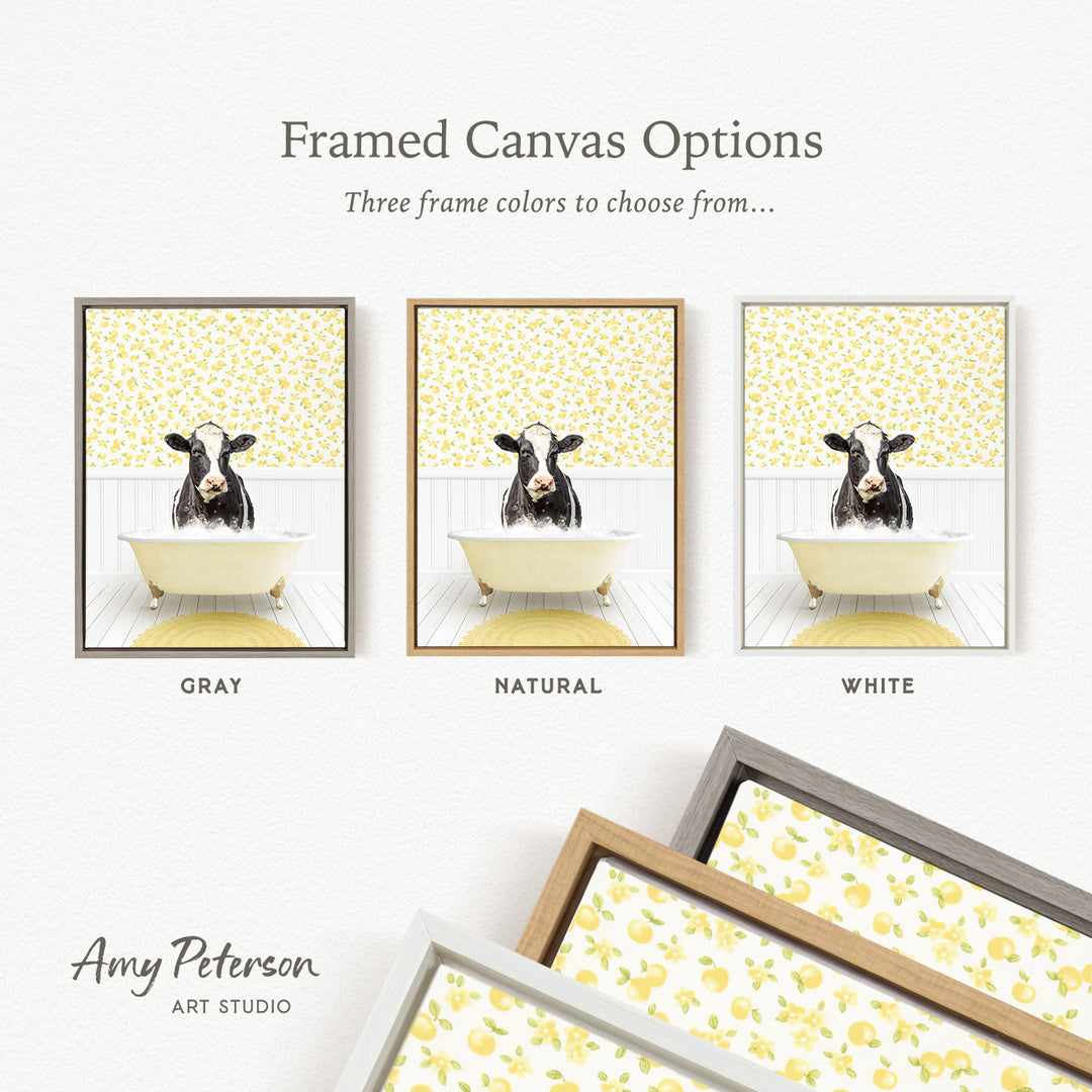 The image is a framed canvas option featuring three different framed pictures of a cow in a bathtub, each with a different frame color: gray, natural, and white.