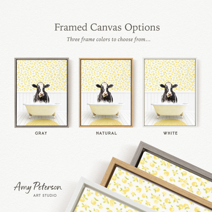 The image is a framed canvas option featuring three different framed pictures of a cow in a bathtub, each with a different frame color: gray, natural, and white.