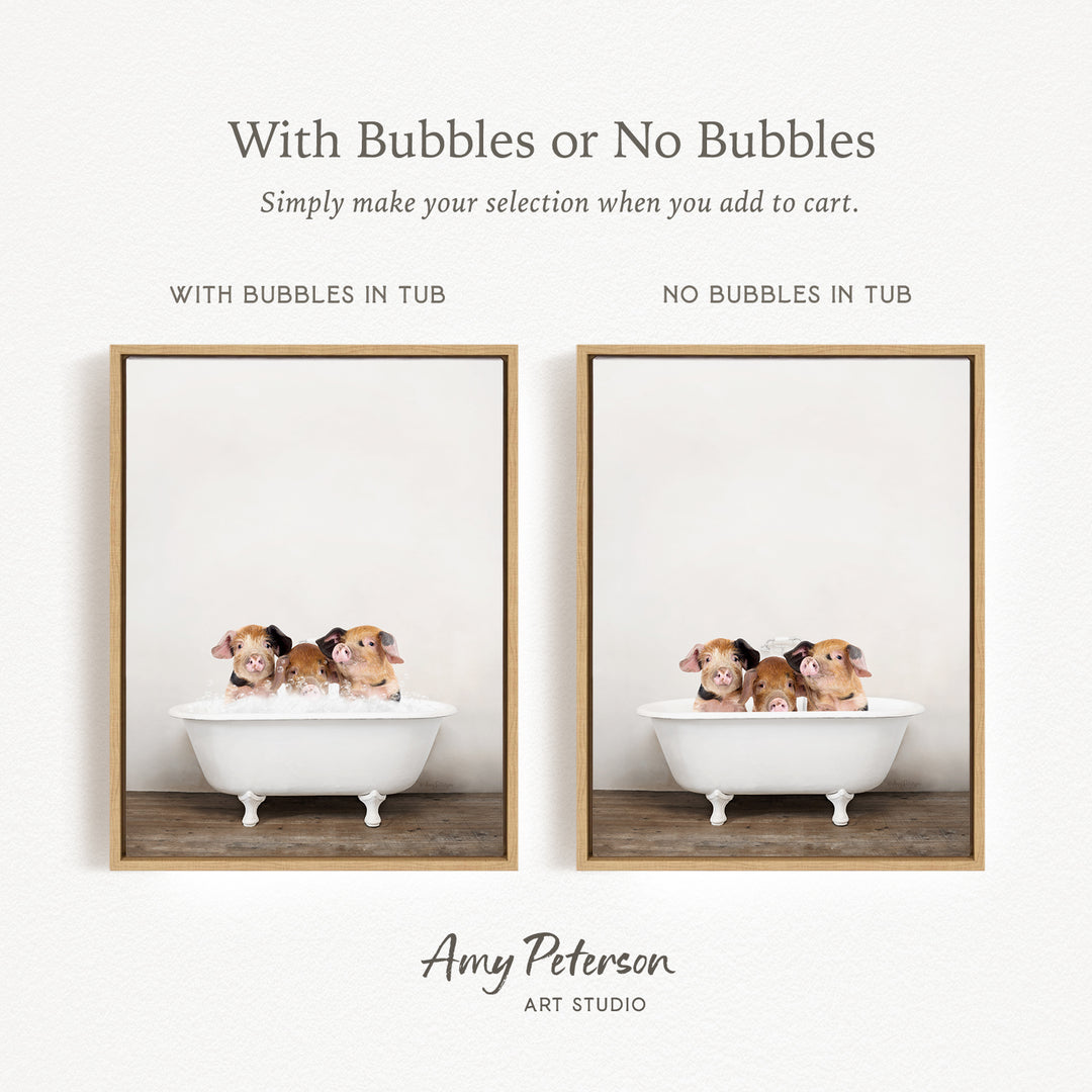 The image is a collage of two pictures, each featuring a white bathtub with three small animals, likely hamsters, sitting in it. The text above the images reads "With Bubbles or No Bubbles" and below the images, it says "Simply make your selection when you add to cart."
