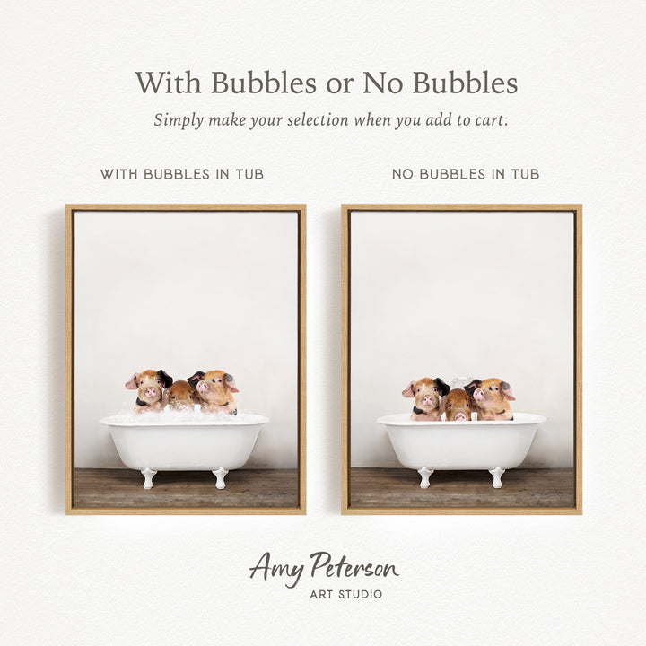 The image is a collage of two pictures, each featuring a white bathtub with three small animals, likely hamsters, sitting in it. The text above the images reads "With Bubbles or No Bubbles" and below the images, it says "Simply make your selection when you add to cart."