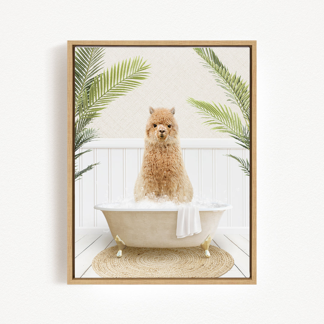 A fluffy alpaca sitting in a bathtub filled with water, surrounded by green palm leaves.