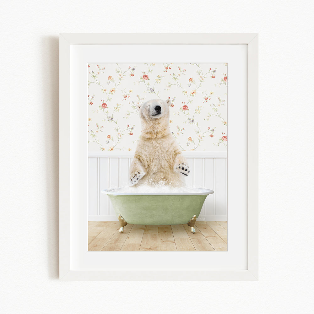 A polar bear standing in a green bathtub filled with water, with a floral wallpaper in the background.