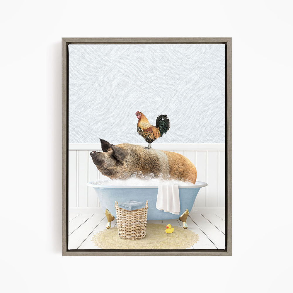 A rooster stands on the back of a pig sitting in a bathtub filled with water, surrounded by rubber ducks.