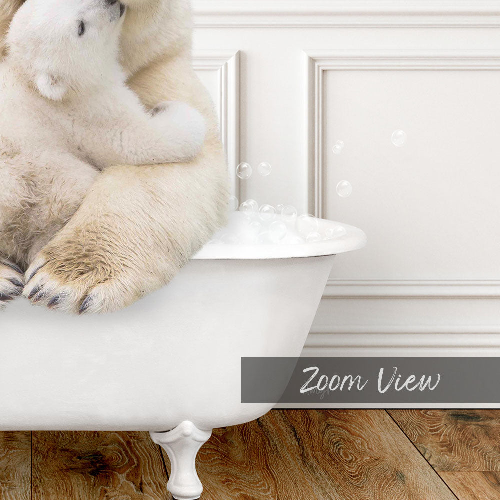 A polar bear sitting in a white bathtub filled with bubbles, with the text "Zoom View" below the image.