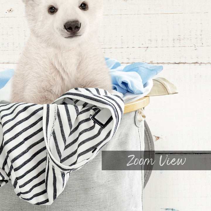 A cute white puppy is sitting in a basket filled with clothes, with a wooden surface in the background.