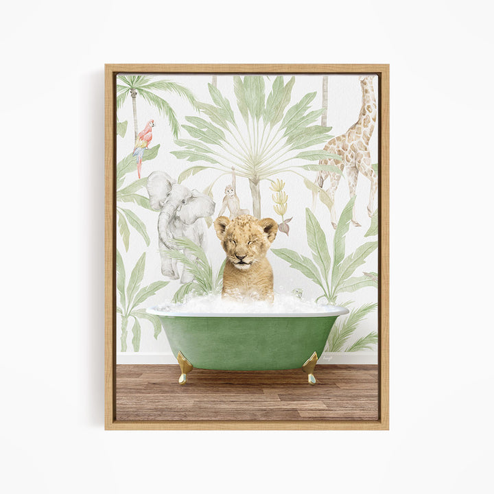 A young lion cub is sitting in a green bathtub, surrounded by a tropical jungle scene with various animals such as a giraffe, elephant, and parrot.