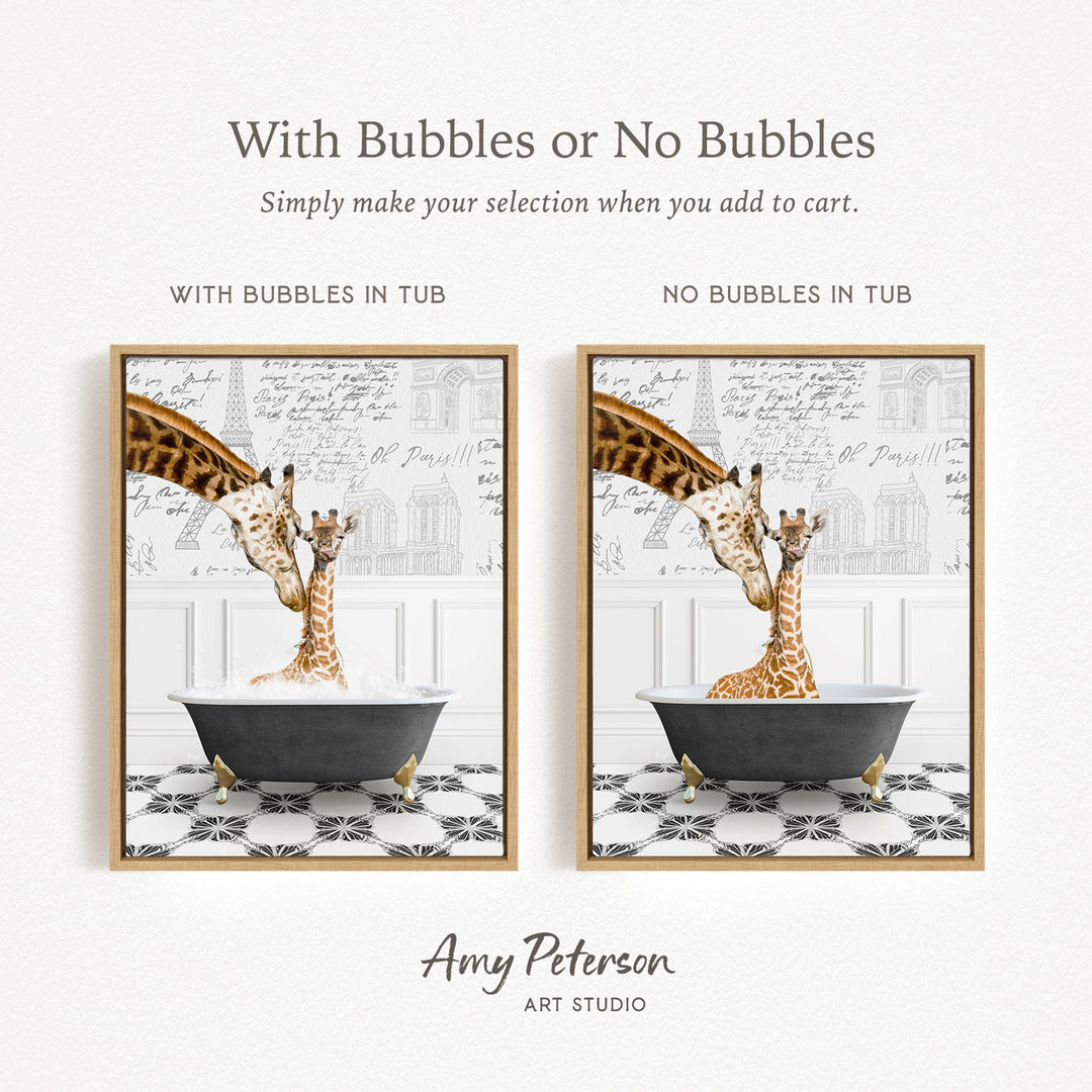 The image is a collage of two framed pictures depicting giraffes in a bathtub. The text above the images reads "With Bubbles or No Bubbles Simply make your selection when you add to cart." The text below the images states "WITH BUBBLES IN TUB" and "NO BUBBLES IN TUB," indicating the presence or absence of bubbles in the bathtub.