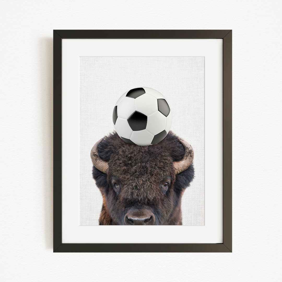A framed image of a bison with a soccer ball on its head.