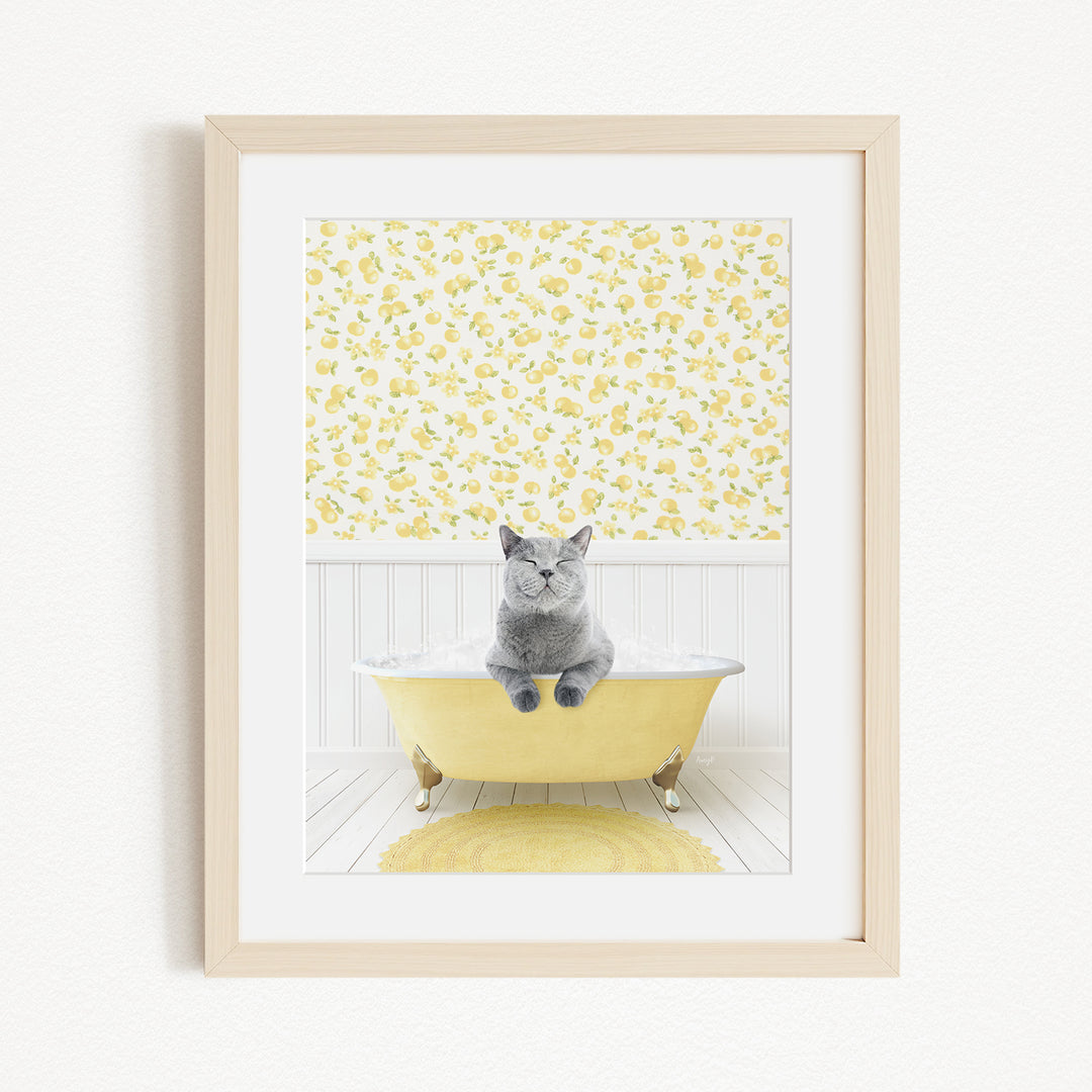 A gray cat sitting in a yellow bathtub, with a yellow floral wallpaper in the background.