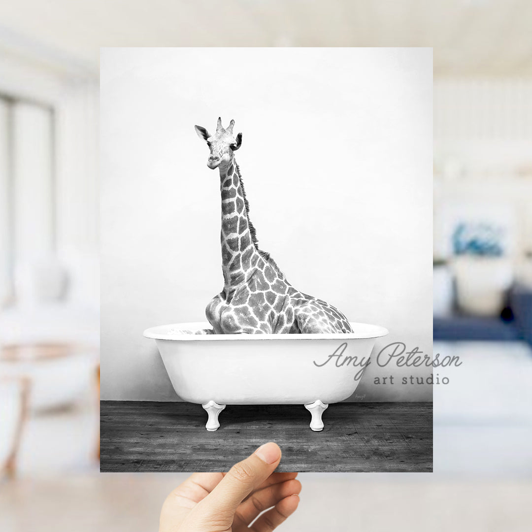 a black and white photo of a giraffe in a bathtub