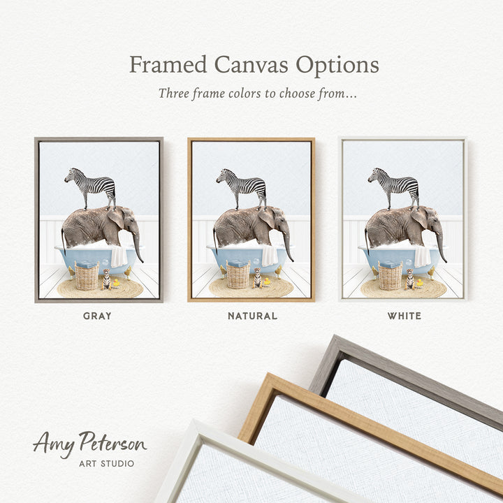 three framed canvas options, each featuring a different color: gray, natural, and white. The text above the images reads " framed Canvas Options" and "Three frame colors to choose from...". The artist's name, Amy Peterson, is also mentioned at the bottom of the image.