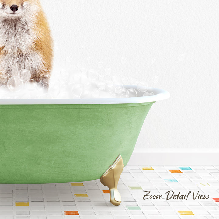 A small dog is sitting in a green bathtub filled with bubbles, with a colorful tiled floor in the foreground.