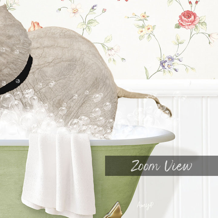 A gray elephant is taking a bath in a green bathtub, surrounded by bubbles, with a floral wallpaper in the background.