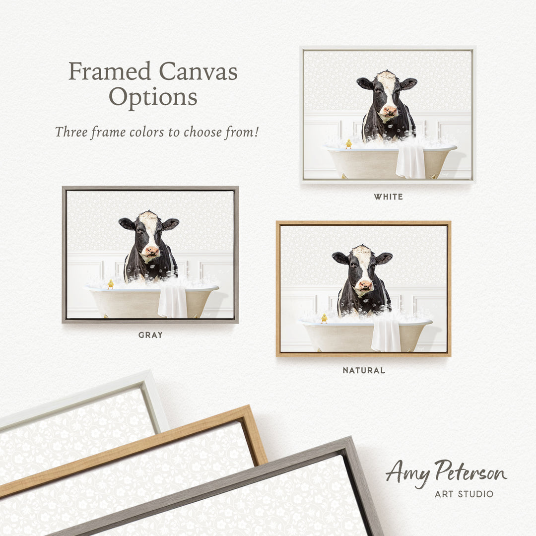 The image is a framed canvas with three different options for frame colors: white, gray, and natural. The cow image is displayed in each color frame, and the text provides information about the frame colors available.