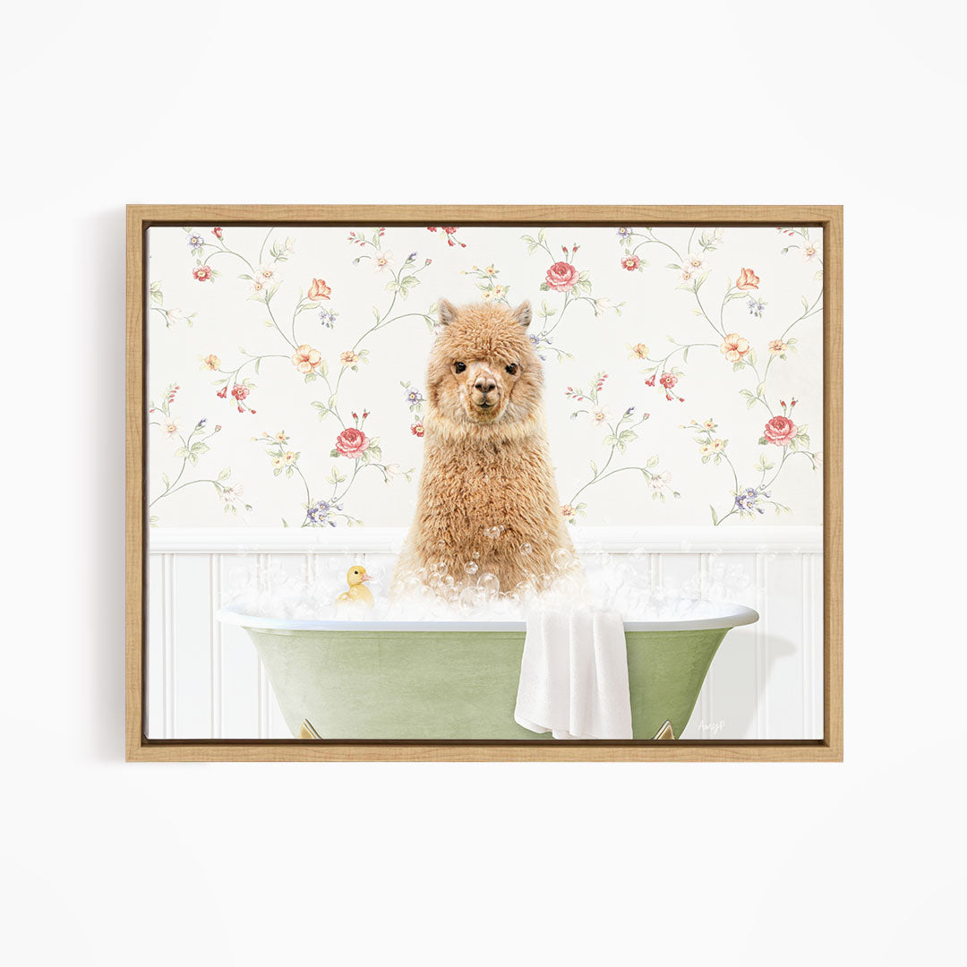 A fluffy brown alpaca sitting in a green bathtub filled with bubbles, surrounded by a floral wallpaper.