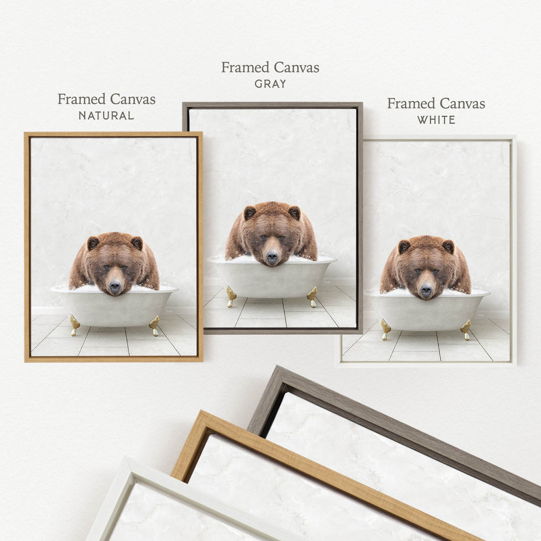 a brown bear sitting in a bathtub, with three framed versions of the image displayed side by side.