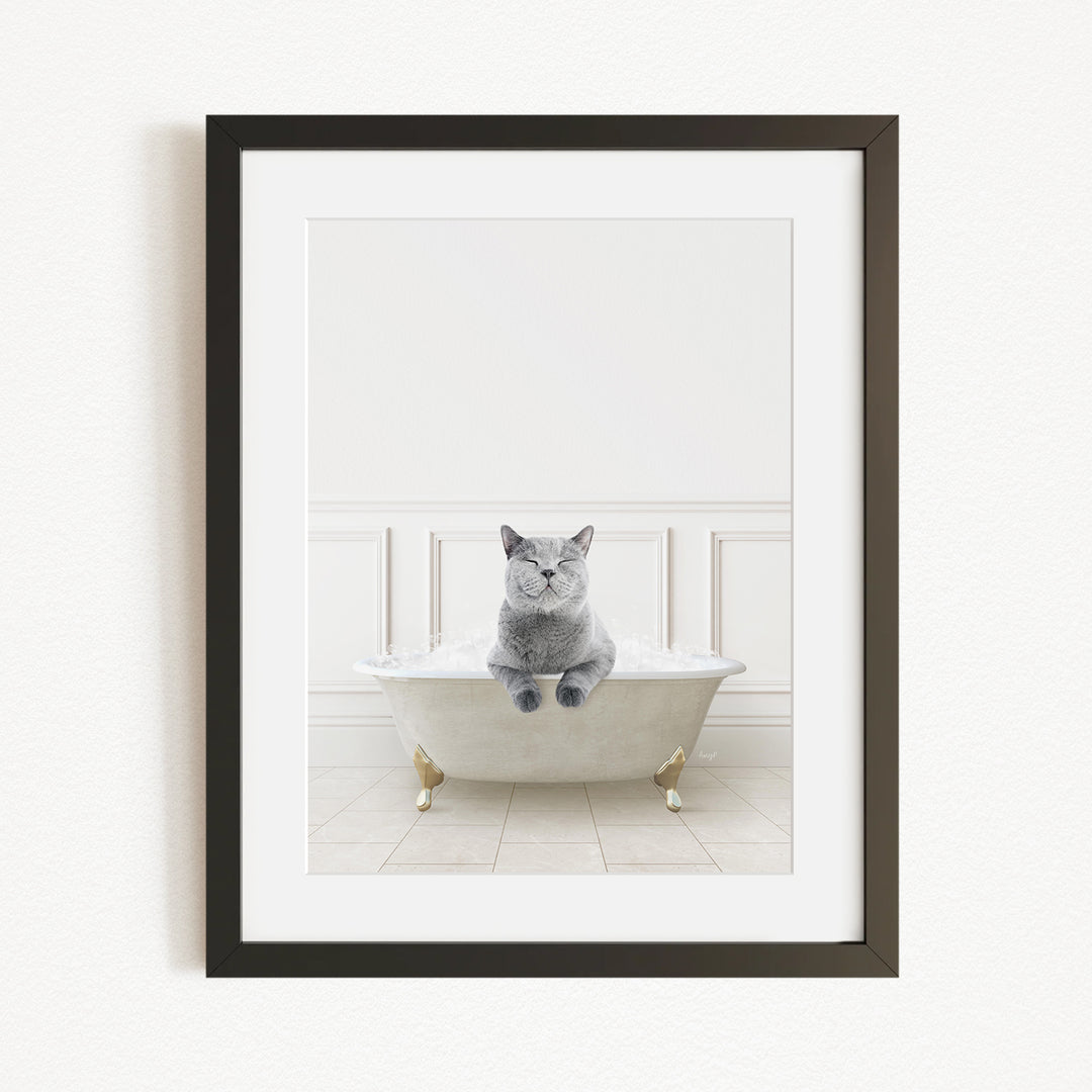 A gray cat sitting in a white bathtub, with its paws resting on the edge of the tub.