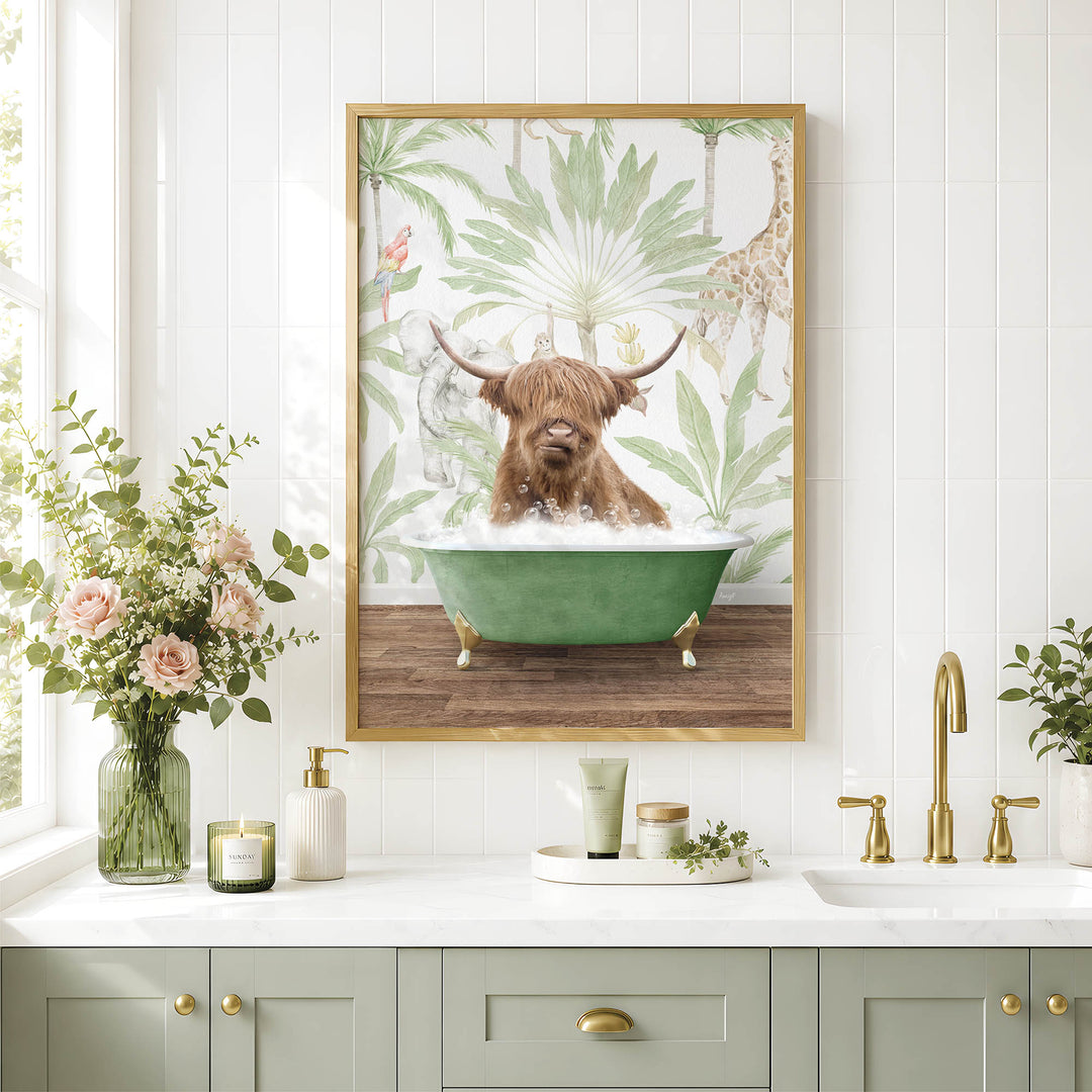 a bathroom scene with a framed picture of a Highland cow sitting in a bathtub, surrounded by tropical foliage. The bathroom has a white countertop, a green sink, and a vase of flowers.