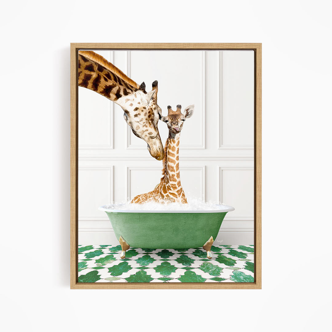 A mother giraffe and her baby giraffe are enjoying a relaxing bath together in a green bathtub, surrounded by a patterned green and white rug.