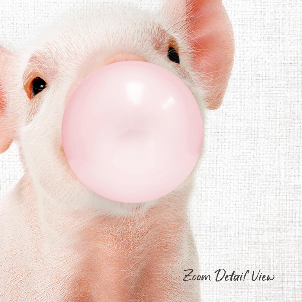 A cute pig blowing a bubble with a pink bubble gum bubble.