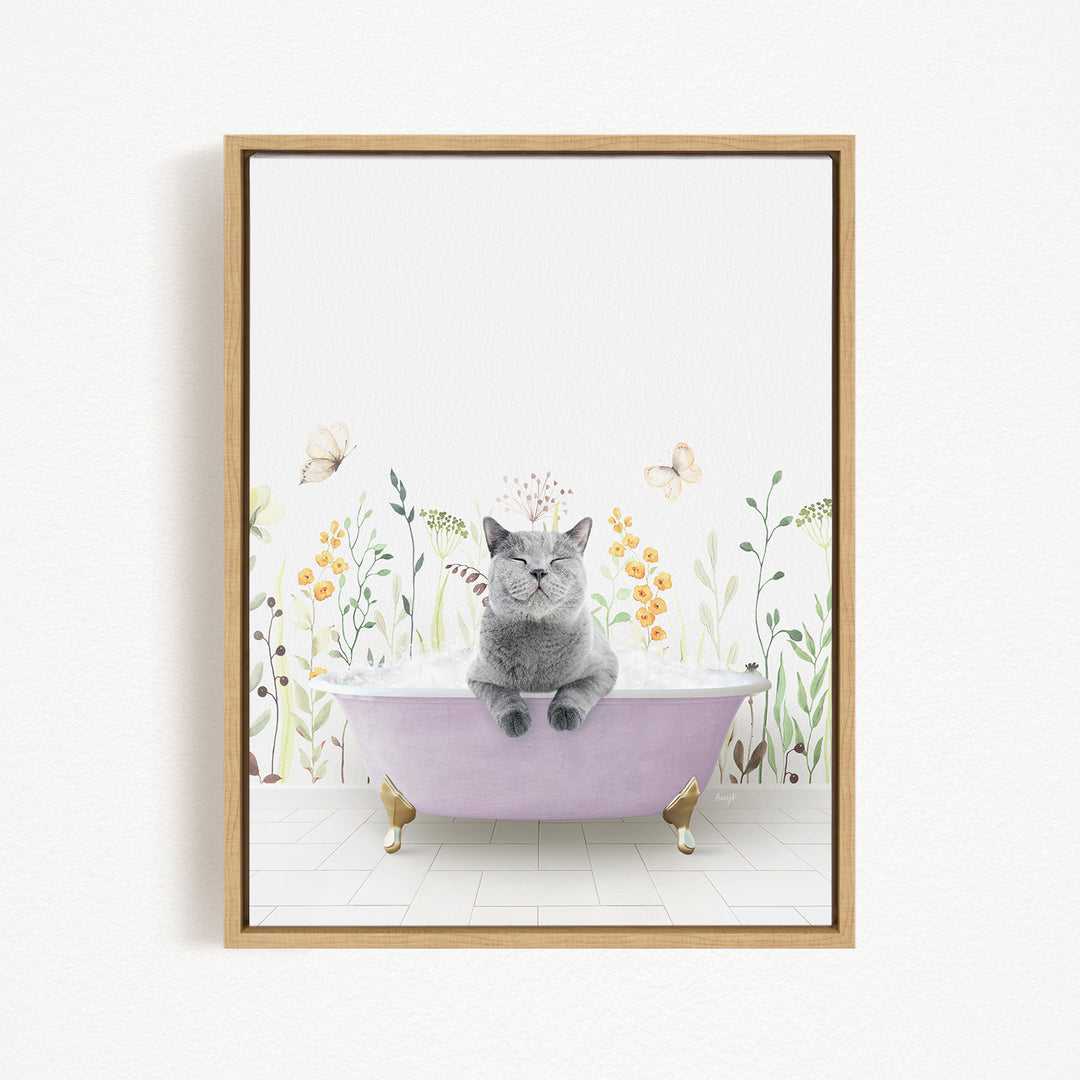 A gray cat sitting in a pink bathtub, surrounded by flowers and butterflies, creating a whimsical and charming scene.