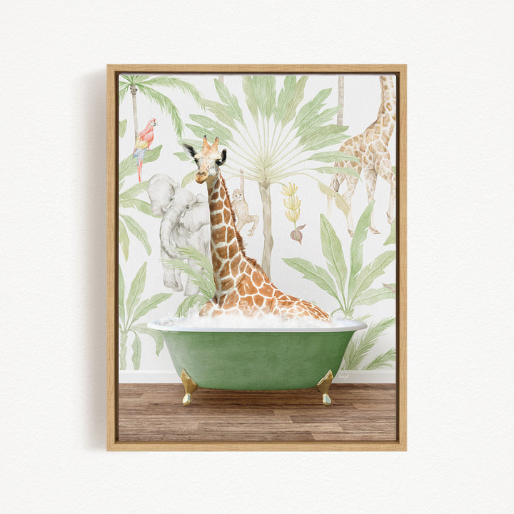A giraffe sitting in a green bathtub surrounded by tropical foliage, including palm trees and other animals.