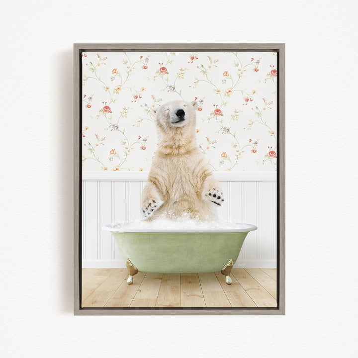 A polar bear standing in a green bathtub filled with water, with a floral wallpaper in the background.