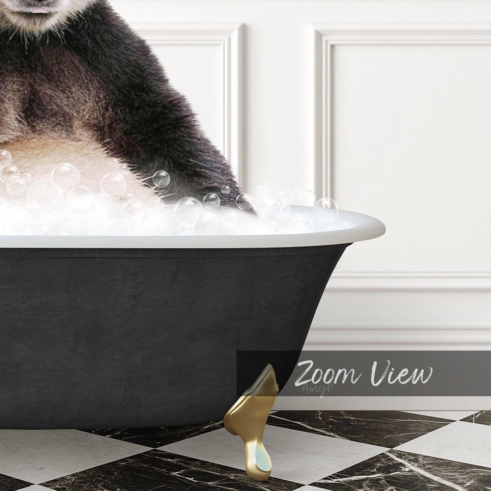 A cat sitting in a bathtub filled with bubbles, with a gold bathtub faucet and a black and white checkered floor visible in the background.