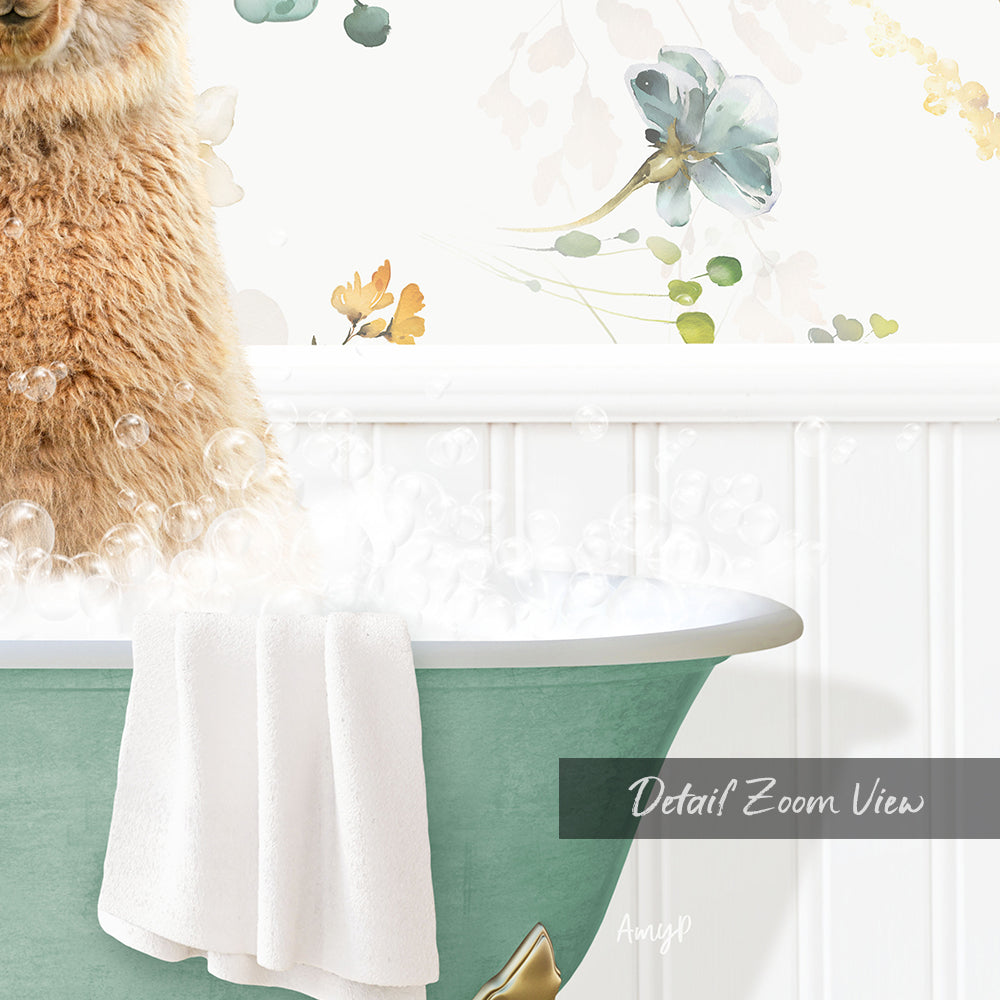 A close-up of a cat sitting in a bathtub filled with bubbles, with a floral wallpaper in the background.