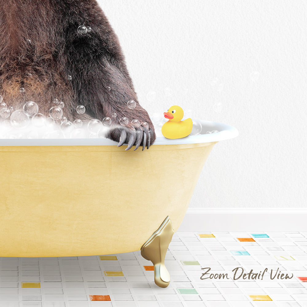A bathtub filled with bubbles, with a rubber duck sitting on the edge and a gold claw resting on the side.