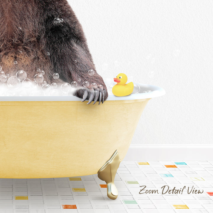 A bathtub filled with bubbles, with a rubber duck sitting on the edge and a gold claw resting on the side.