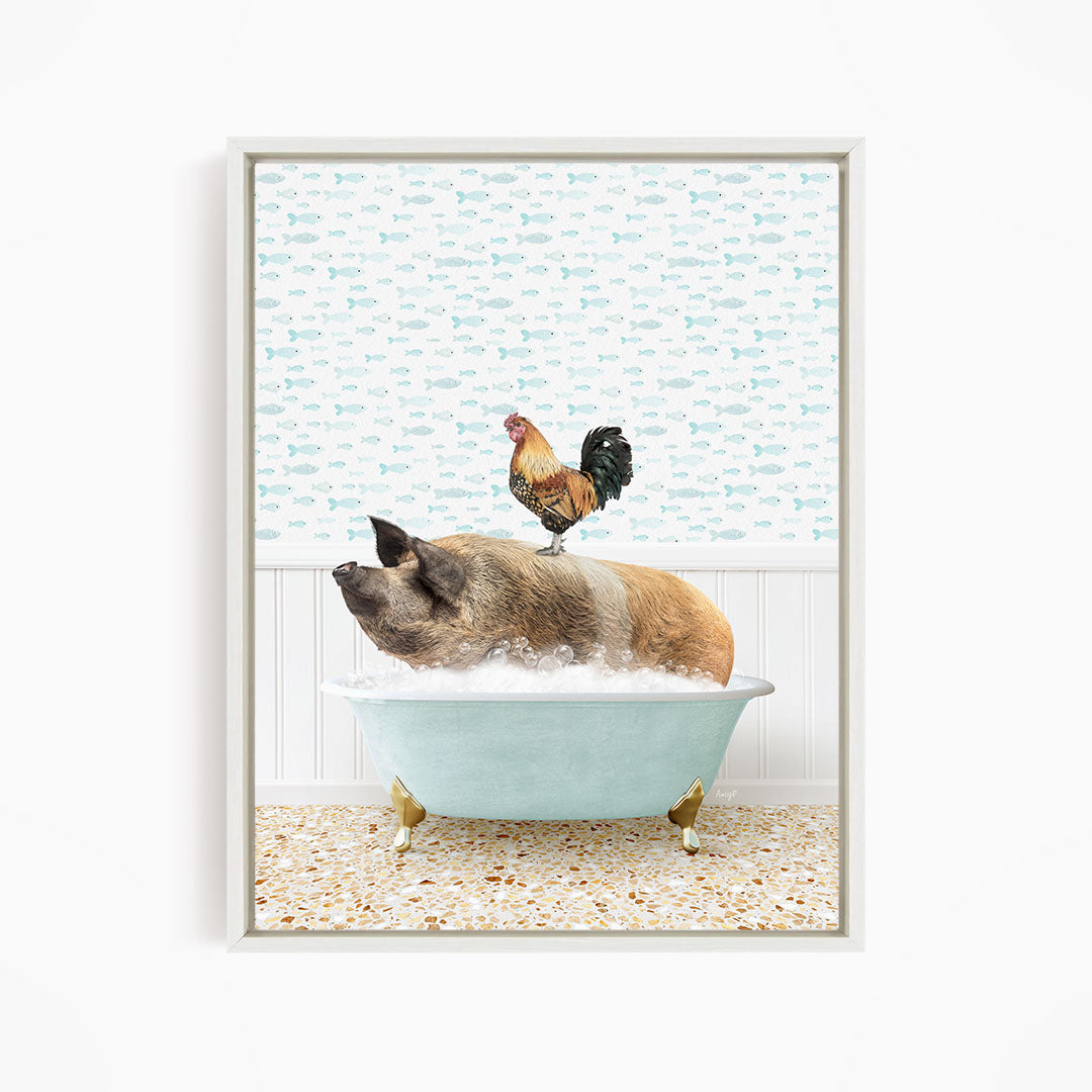 A rooster sits atop a pig in a bathtub, surrounded by a patterned wall and a tiled floor.