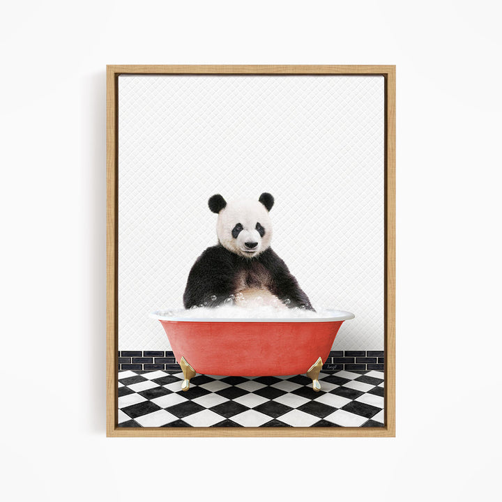 A panda bear sitting in a red bathtub filled with bubbles, surrounded by a black and white checkered floor.