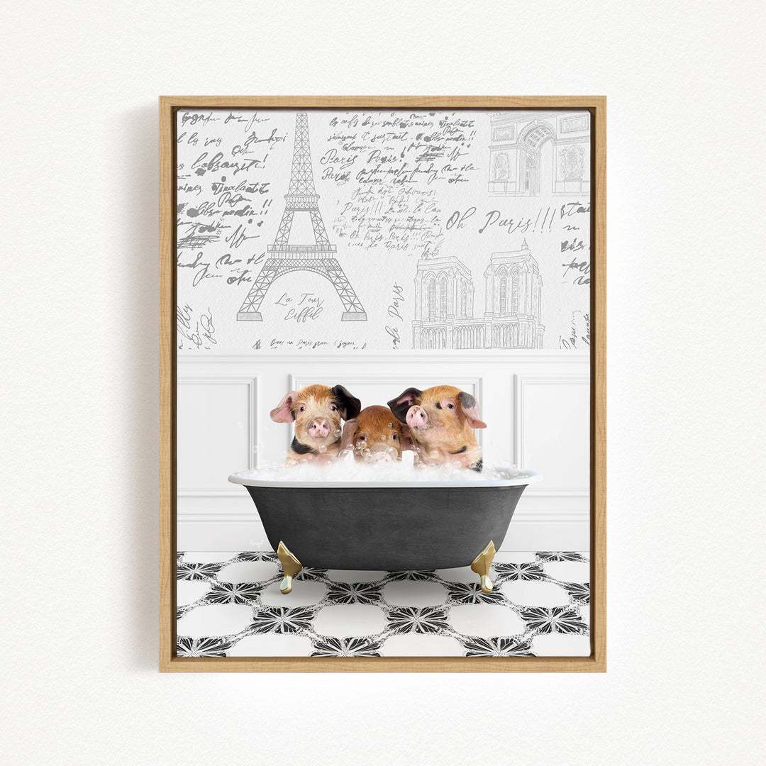 Three adorable pigs sitting in a bathtub, surrounded by a black and white tiled floor and a wall with various inscriptions and illustrations.