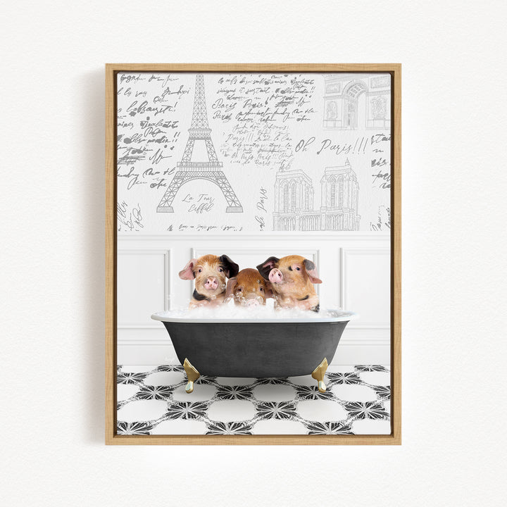 Three adorable pigs sitting in a bathtub, surrounded by a black and white tiled floor and a wall with various inscriptions and illustrations.