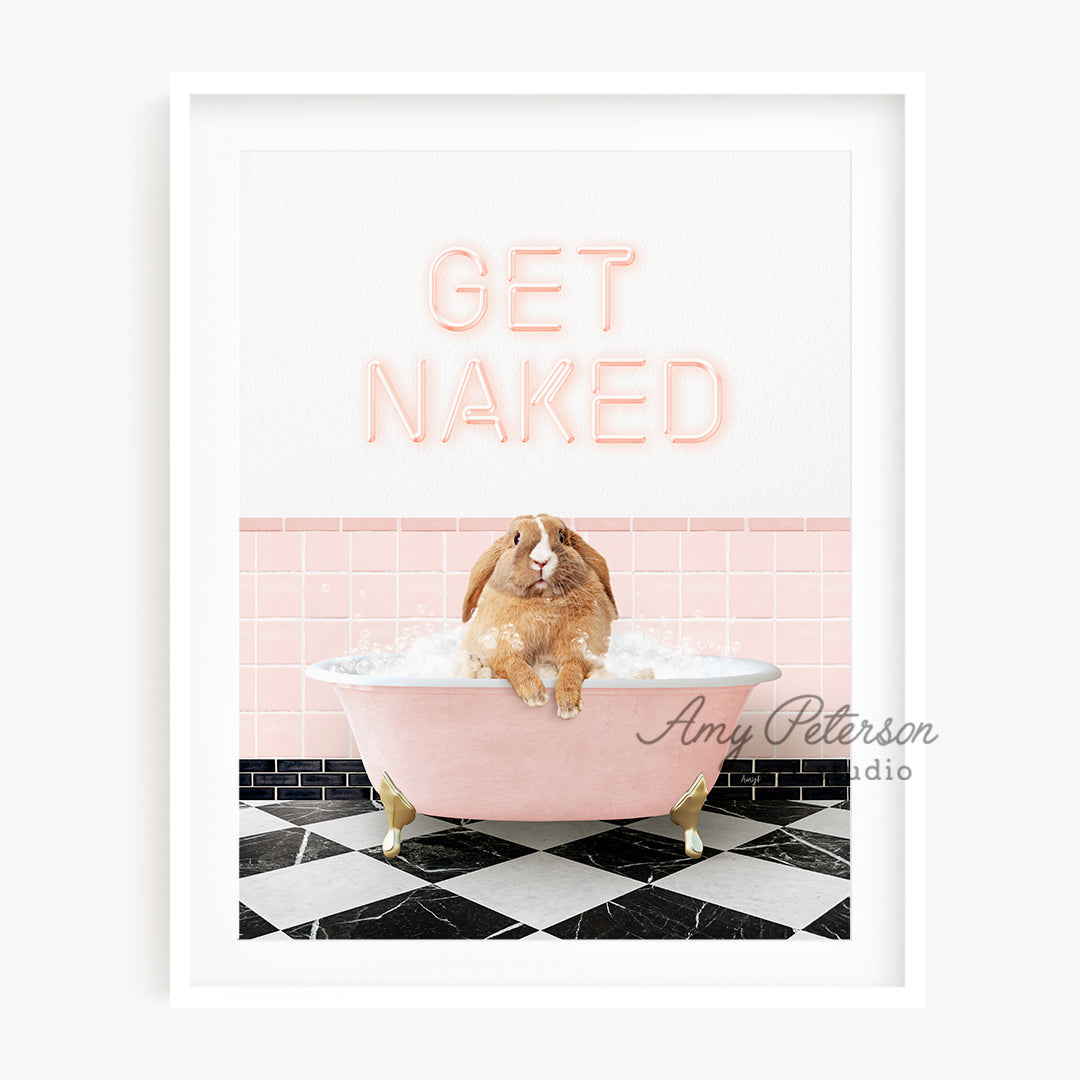 a dog sitting in a pink bathtub with the words get naked above it