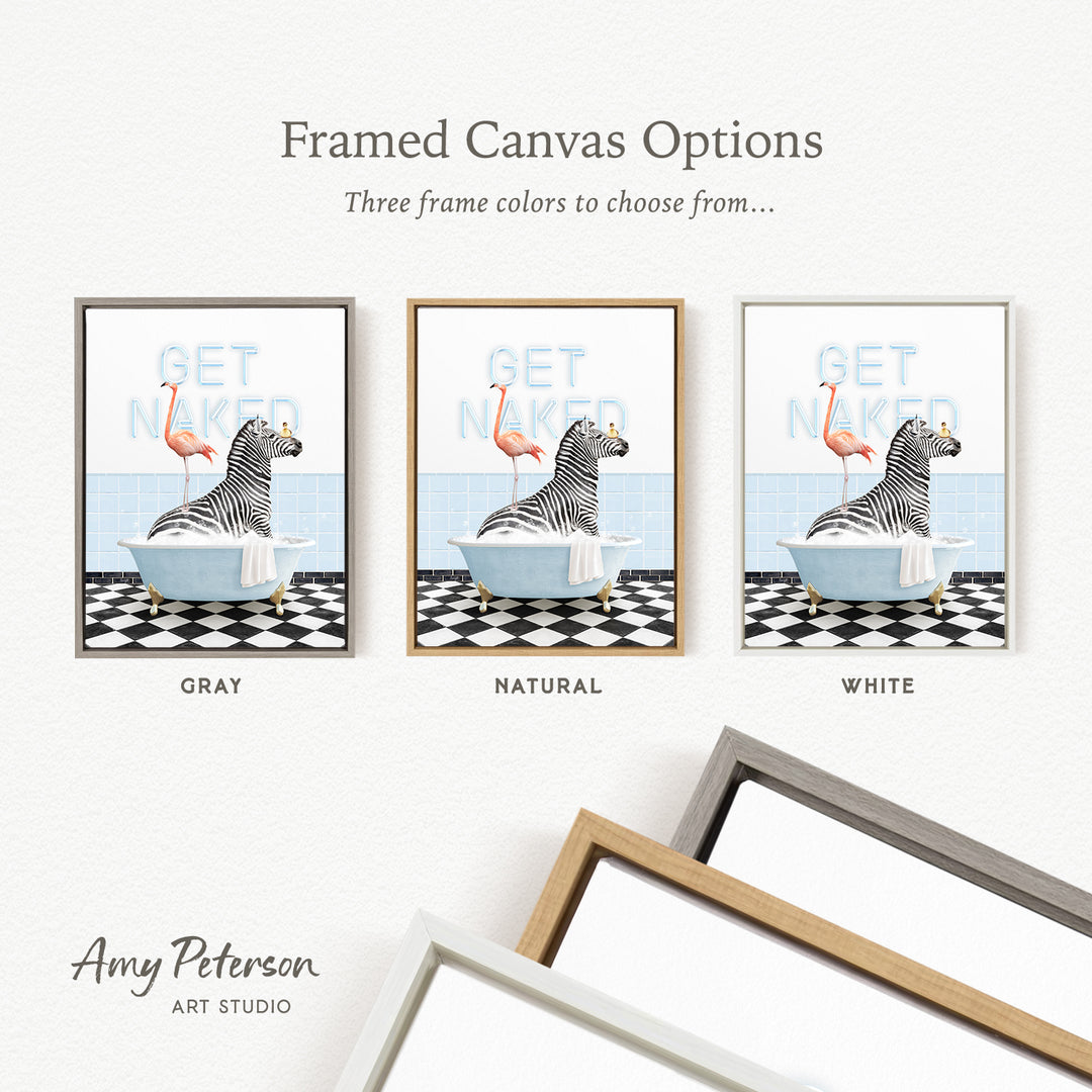 three framed canvas options, each featuring a different color and style of frame. The options include a gray frame, a natural frame, and a white frame. The text above the options reads " framed Canvas Options" and "Three frame colors to choose from...".