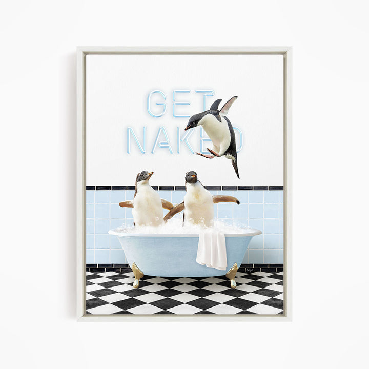A framed image depicting two penguins sitting in a bathtub, with one penguin jumping out of the tub and the other penguin sitting in the tub. The background features a checkered floor and a sign that says "GET NAKED".