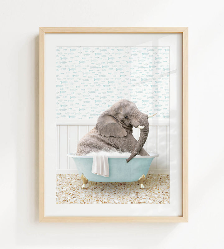 A gray elephant is sitting in a blue bathtub filled with water, surrounded by a patterned wall and a tiled floor.