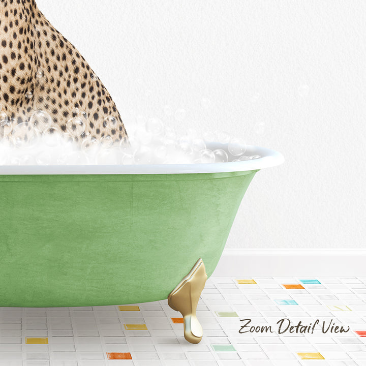 A leopard sitting in a green bathtub filled with bubbles, with a colorful tiled floor in the foreground.