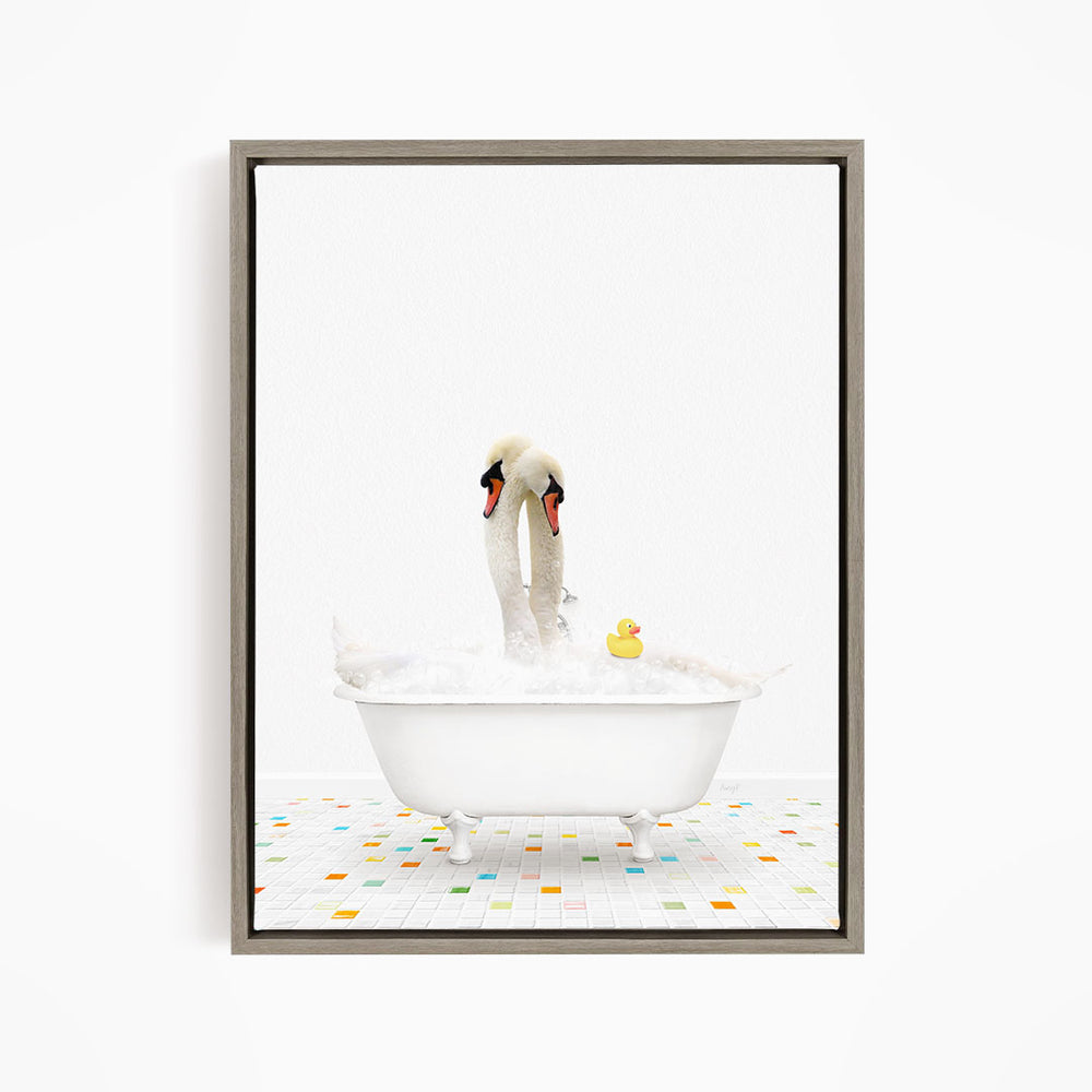 A white bathtub filled with bubbles, with two swans standing on the edge and a rubber duck floating in the water.