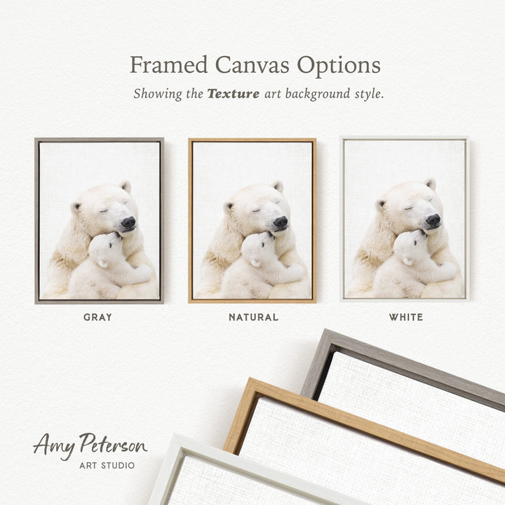 three framed canvas options, each featuring a white polar bear and its cub. The options include a gray frame, a natural frame, and a white frame. The text above the images reads " Framed Canvas Options" and "Showing the Texture art background style."