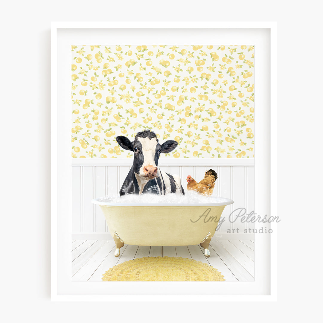 a picture of a cow in a bathtub with a chicken