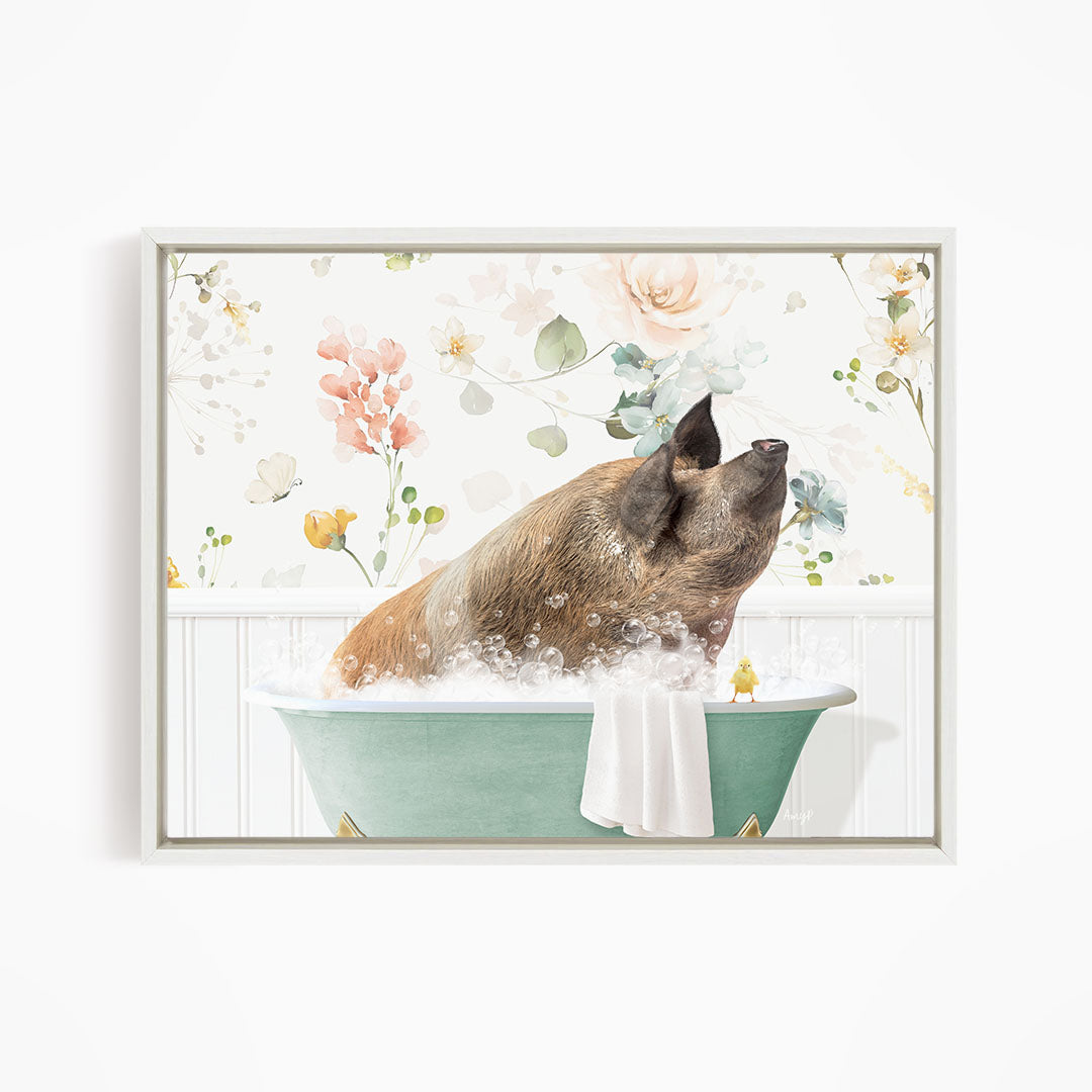 A pig sitting in a green bathtub, surrounded by flowers and bubbles, appears to be enjoying a relaxing bath.