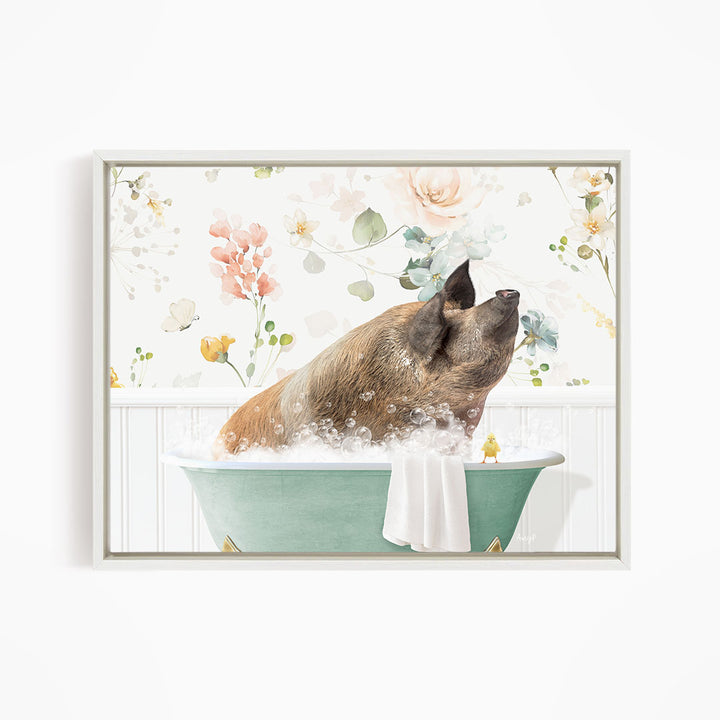 A pig sitting in a green bathtub, surrounded by flowers and bubbles, appears to be enjoying a relaxing bath.