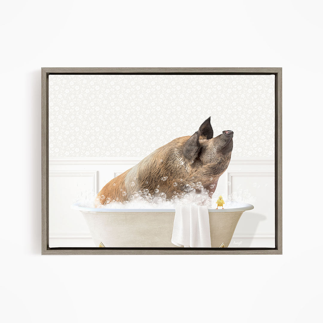 A pig sitting in a bathtub filled with bubbles, with a yellow duck nearby.