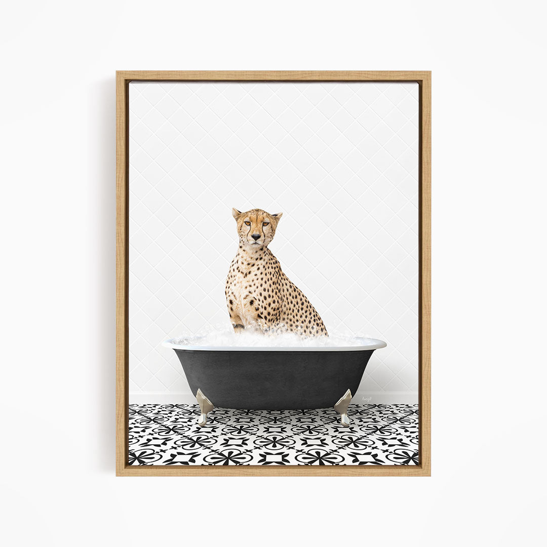 A cheetah sitting in a bathtub filled with water, surrounded by a black and white patterned floor.