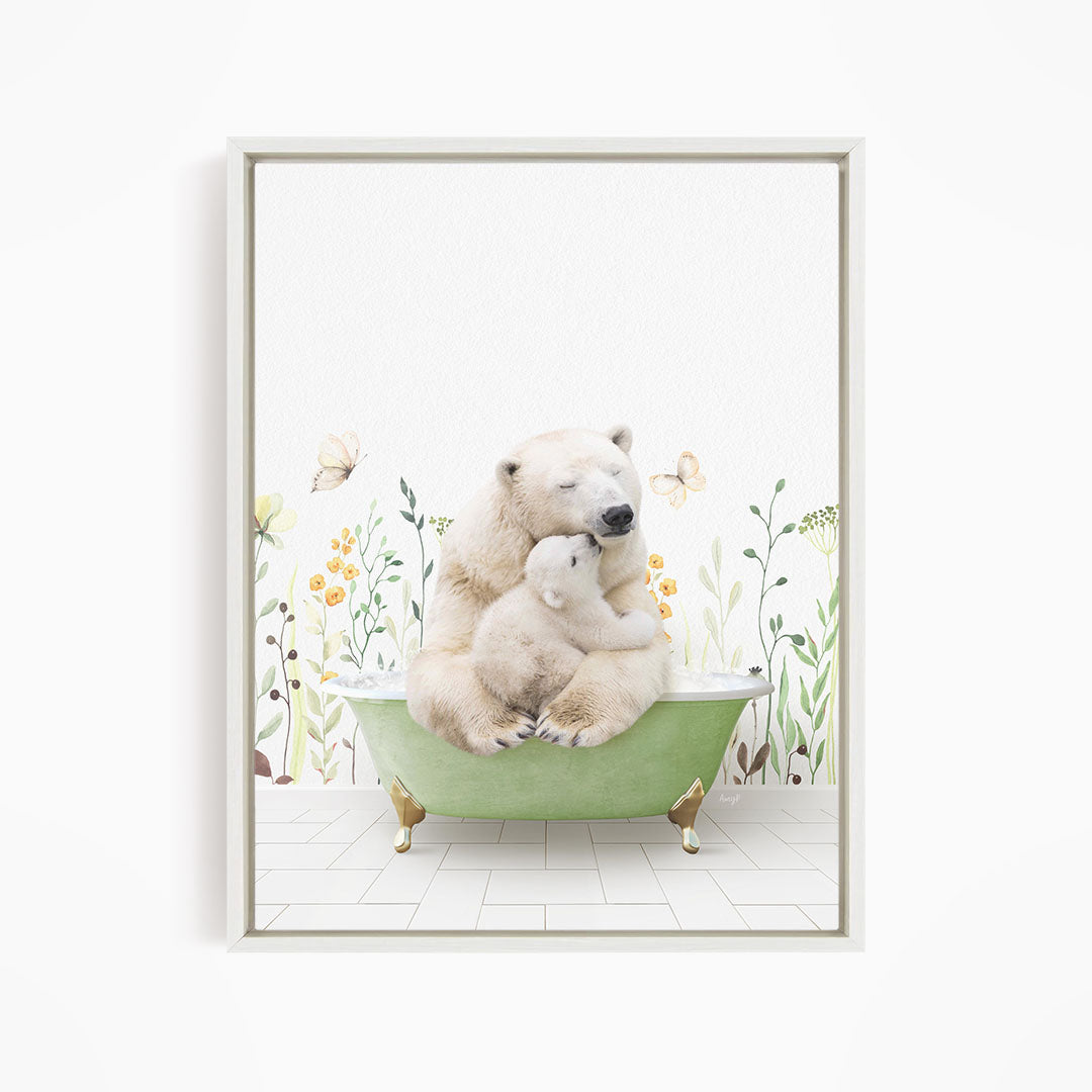 A polar bear sitting in a green bathtub surrounded by flowers and butterflies.
