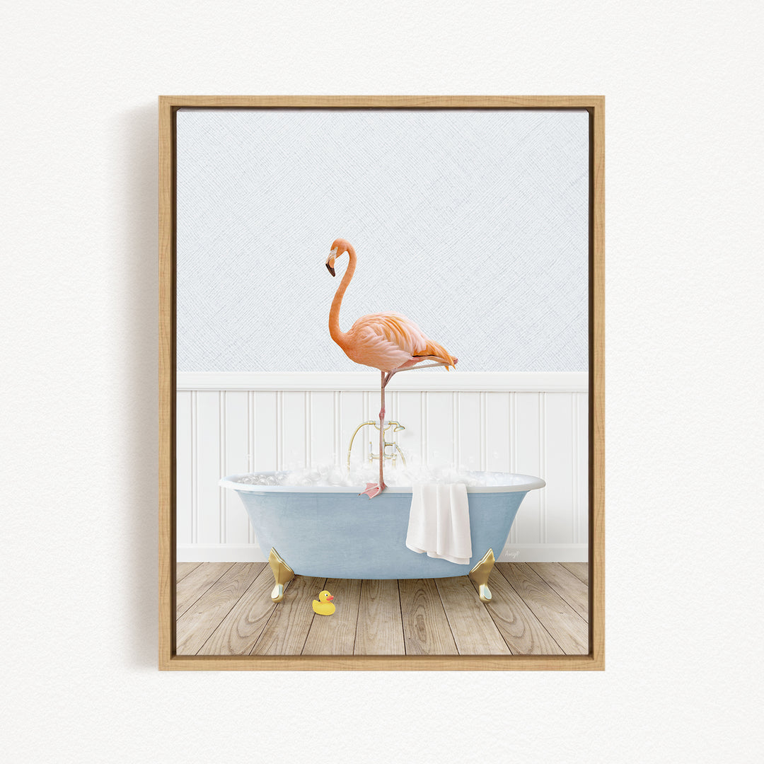 A pink flamingo stands on the edge of a blue bathtub filled with water, surrounded by rubber ducks on a wooden floor.
