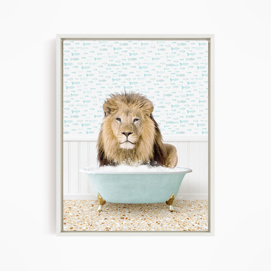 A lion is sitting in a bathtub filled with water, surrounded by a pattern of fish.